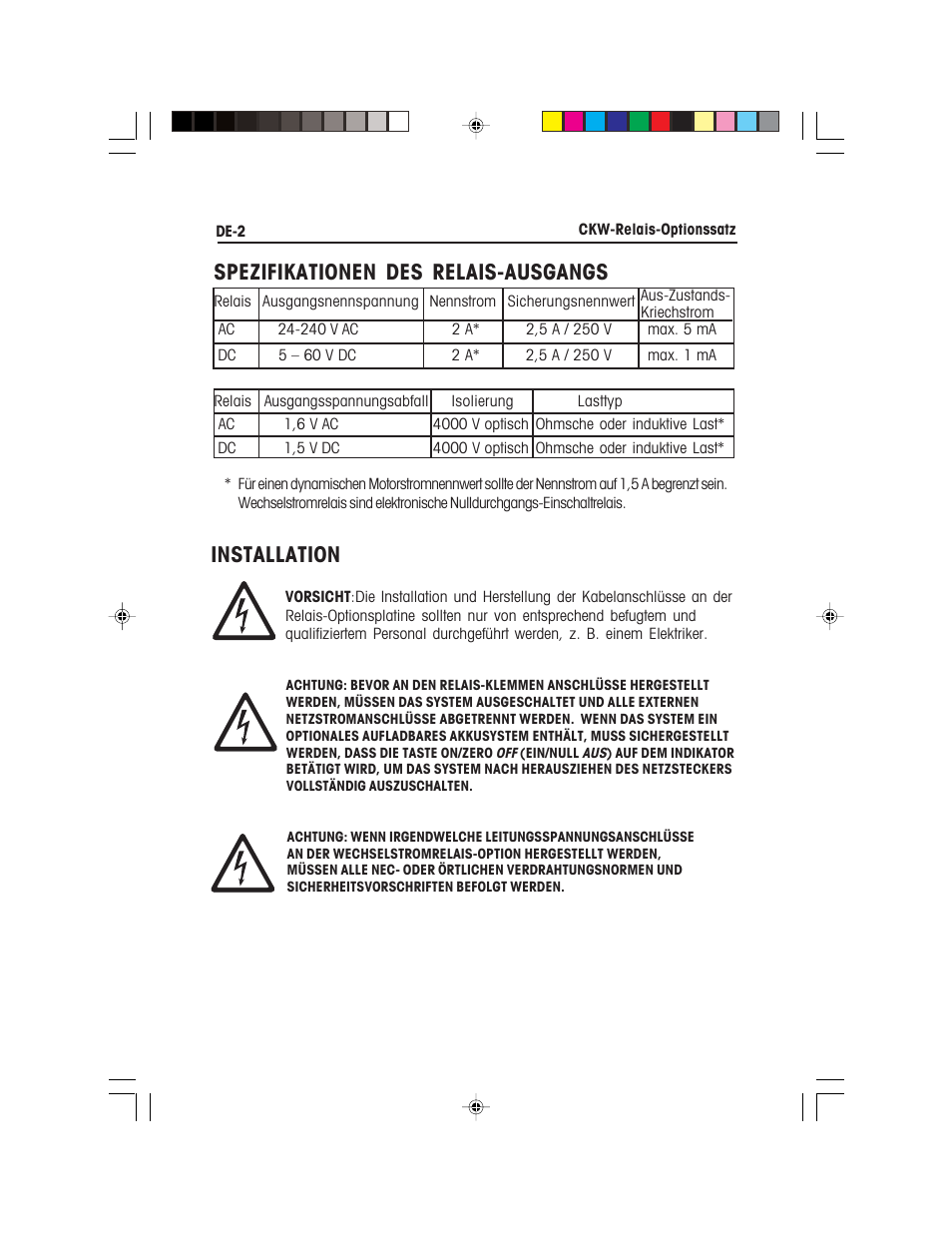 Spezifikationen des relais-ausgangs, Installation | Ohaus CKW WASHDOWN CHECKWEIGHING SCALES_INDICATOR Relay Option Kit Manual multi User Manual | Page 33 / 52