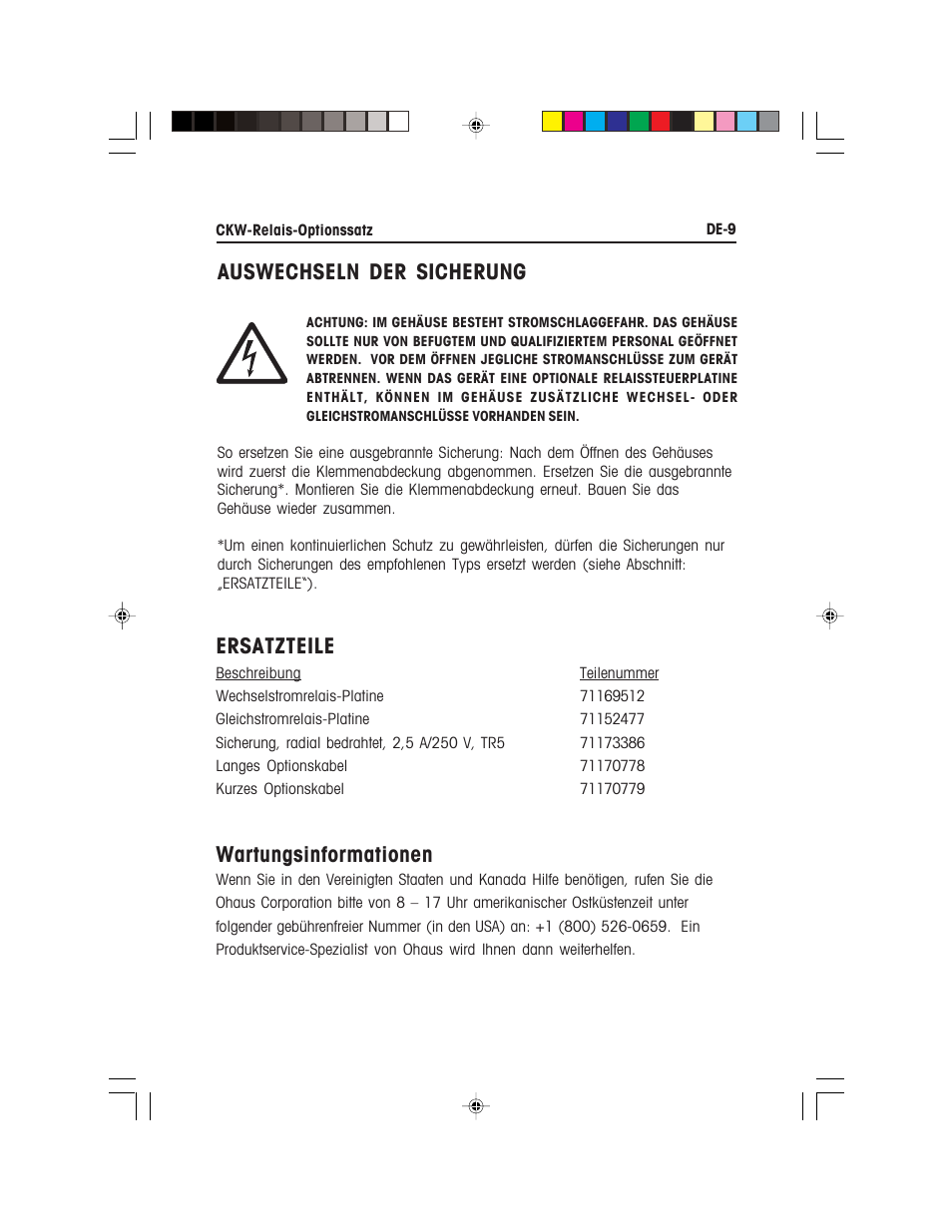 Ersatzteile, Wartungsinformationen, Auswechseln der sicherung | Ohaus CKW WASHDOWN CHECKWEIGHING SCALES_INDICATOR Relay Option Kit Manual multi User Manual | Page 40 / 52