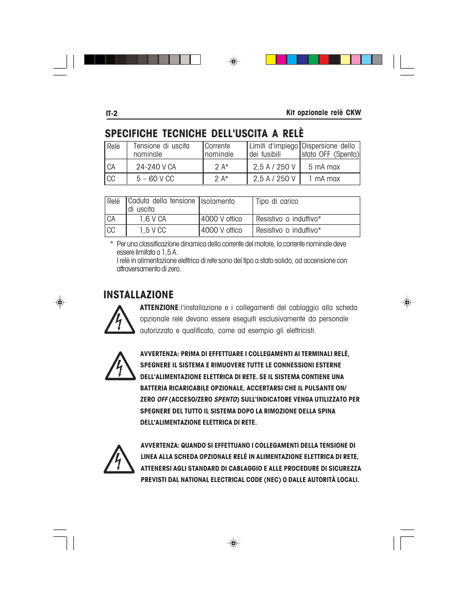 Specifiche tecniche dell'uscita a relè, Installazione | Ohaus CKW WASHDOWN CHECKWEIGHING SCALES_INDICATOR Relay Option Kit Manual multi User Manual | Page 43 / 52