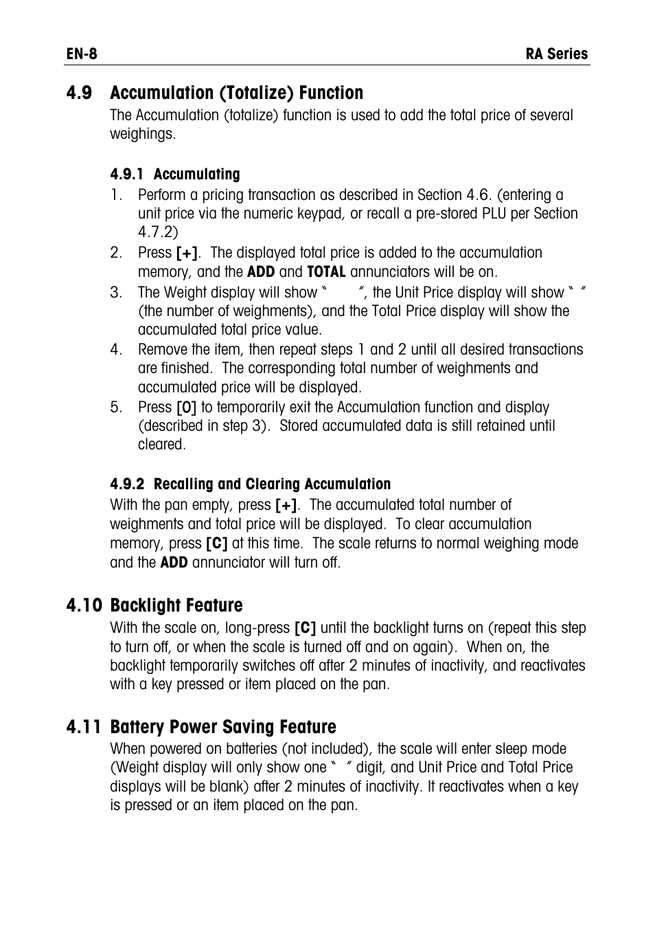 9 accumulation function, 10 backlight feature, 11 battery | Power saving feature, 9 accumulation (totalize) function, 11 battery power saving feature | Ohaus RA PRICE COMPUTING COMPACT SCALES Manual User Manual | Page 10 / 21