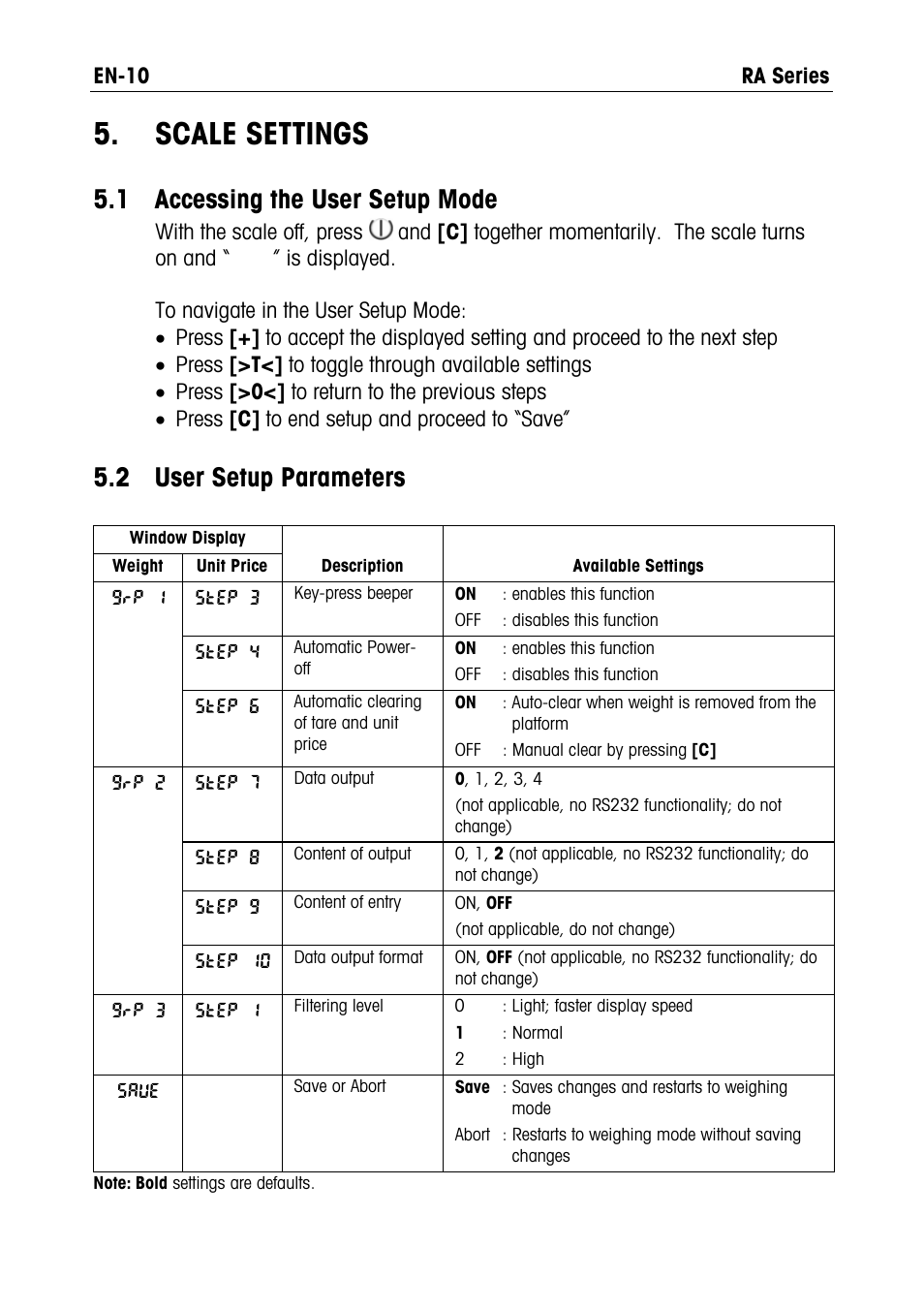 Scale settings, Scale, Settings | Accessing the user setup mode, 2 user, Setup parameters, 1 accessing the user setup mode, 2 user setup parameters | Ohaus RA PRICE COMPUTING COMPACT SCALES Manual User Manual | Page 12 / 21