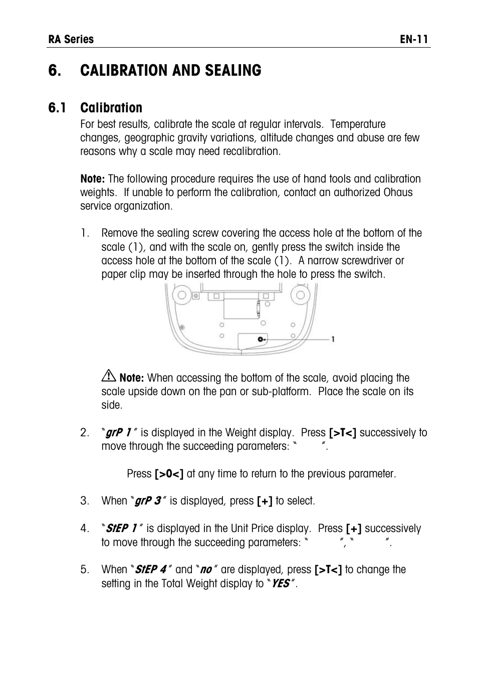 Calibration and sealing, Calibration, And sealing | 1 calibration | Ohaus RA PRICE COMPUTING COMPACT SCALES Manual User Manual | Page 13 / 21