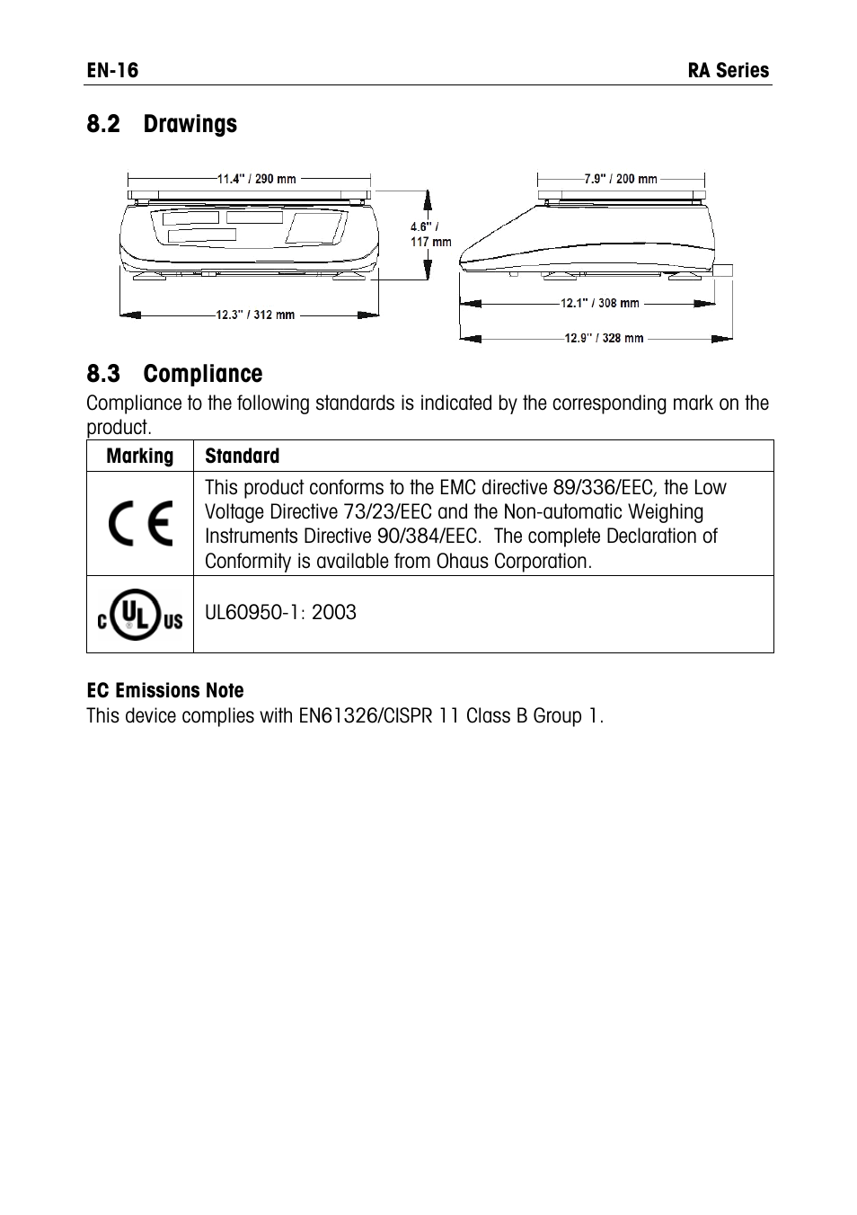 2 drawings, 3 compliance | Ohaus RA PRICE COMPUTING COMPACT SCALES Manual User Manual | Page 18 / 21