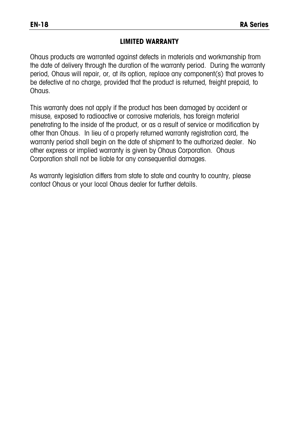 Limited warranty | Ohaus RA PRICE COMPUTING COMPACT SCALES Manual User Manual | Page 20 / 21