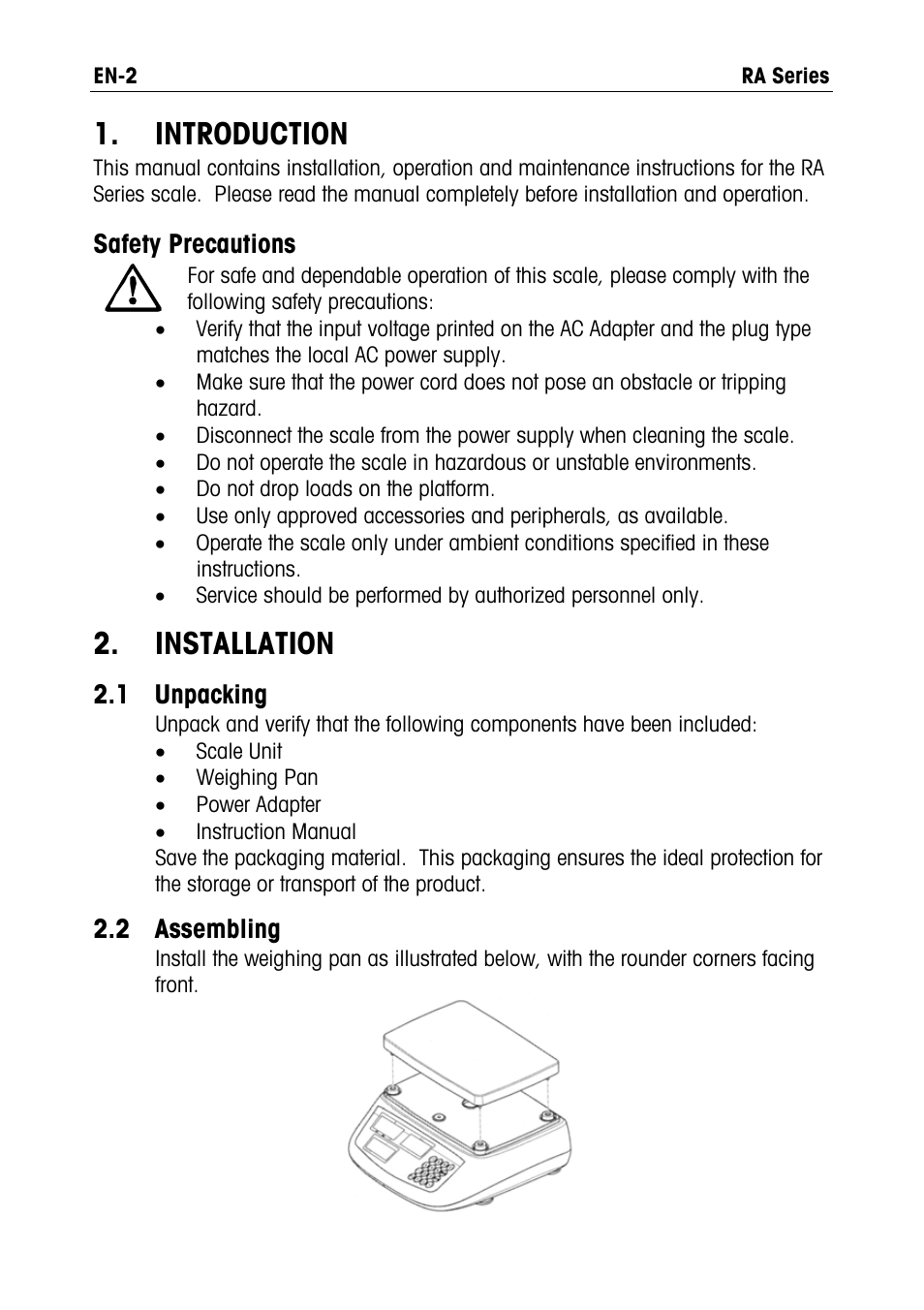 Installation, Introduction, 1 unpacking 2.2 assembling | Safety precautions, 1 unpacking, 2 assembling | Ohaus RA PRICE COMPUTING COMPACT SCALES Manual User Manual | Page 4 / 21