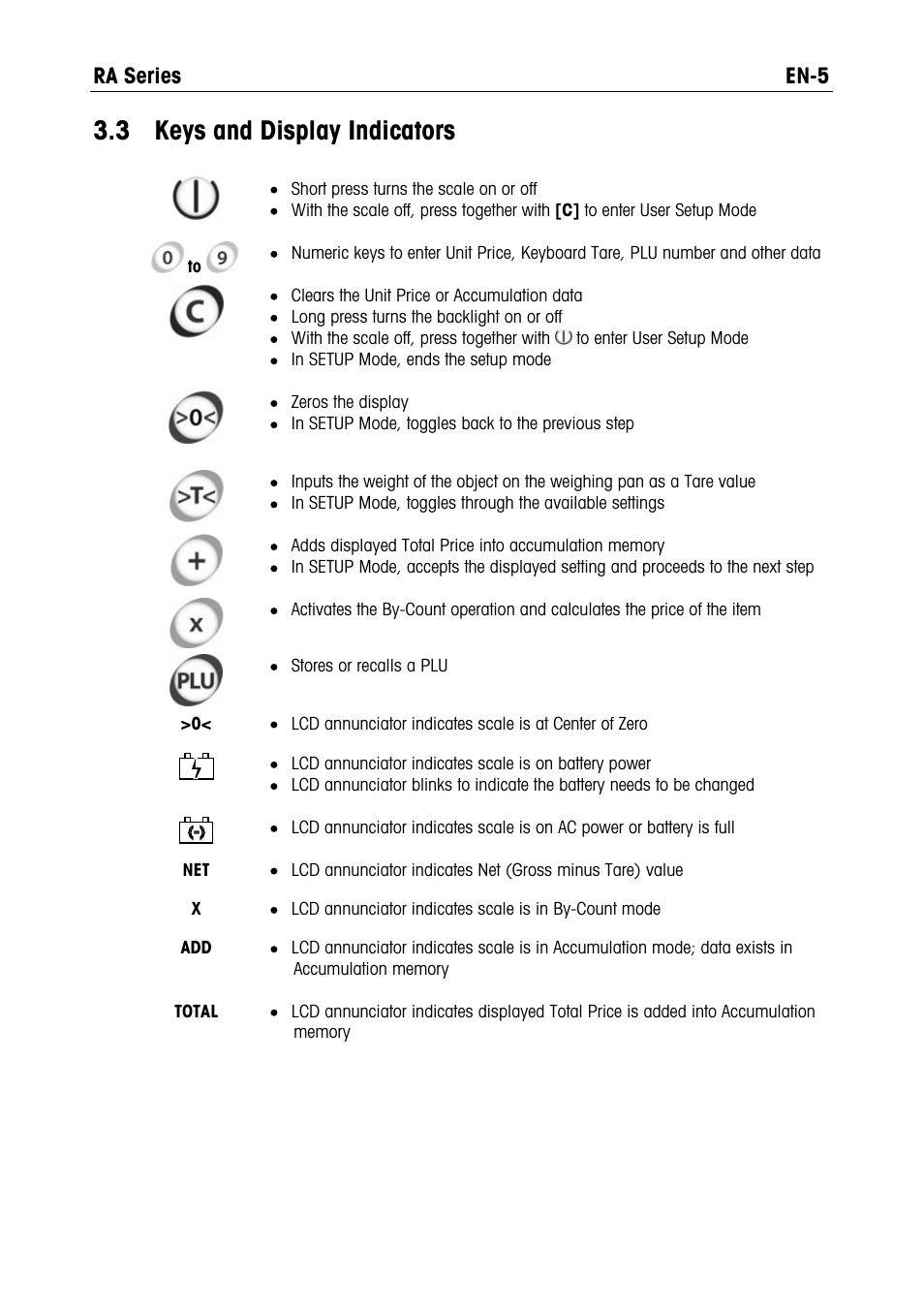 3 keys, Display indicators, 3 keys and display indicators | Ohaus RA PRICE COMPUTING COMPACT SCALES Manual User Manual | Page 7 / 21