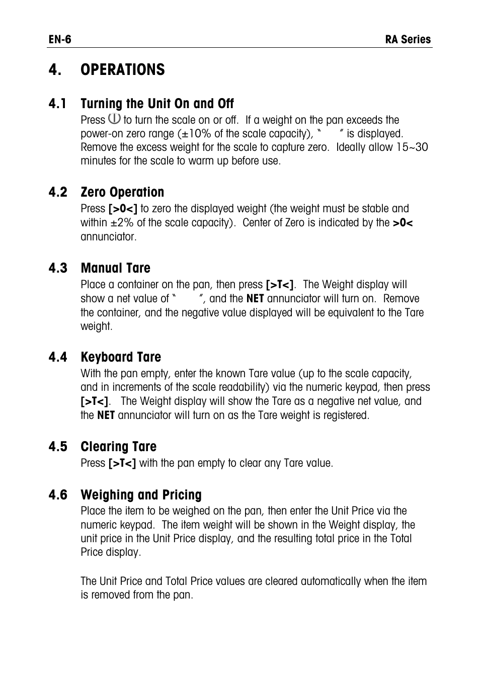 Operations, 1 turning, Unit on and off | 2 zero, Operation, 3 manual tare, 4 keyboard, Tare, 5 clearing tare, 6 weighing | Ohaus RA PRICE COMPUTING COMPACT SCALES Manual User Manual | Page 8 / 21