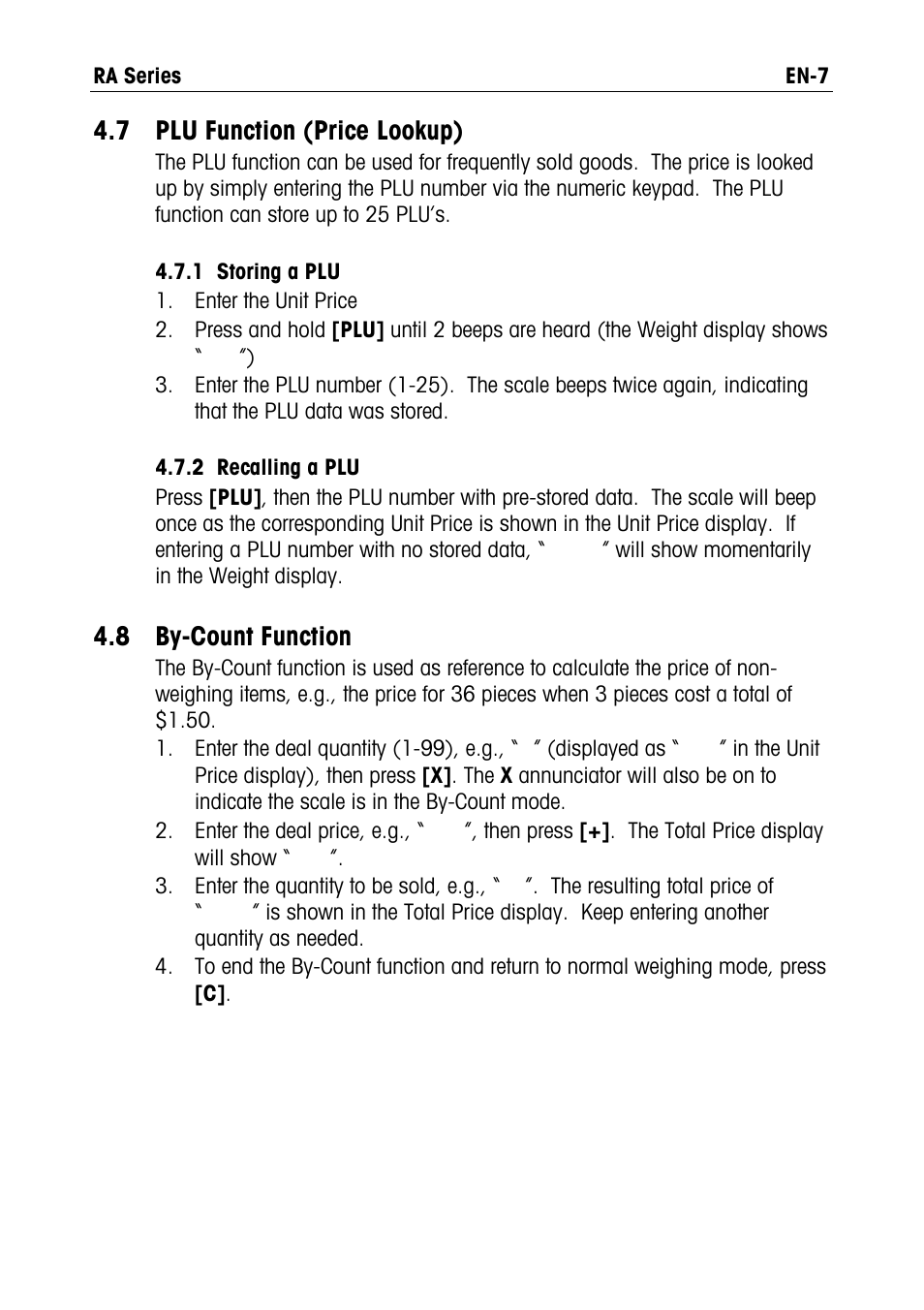 7 plu, Function, Price lookup) | 8 by-count, 7 plu function (price lookup), 8 by-count function | Ohaus RA PRICE COMPUTING COMPACT SCALES Manual User Manual | Page 9 / 21