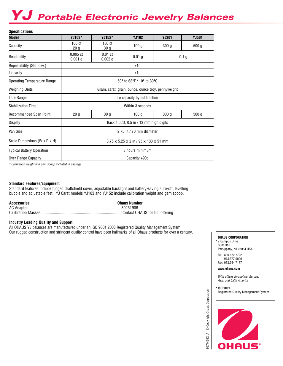 Portable electronic jewelry balances | Ohaus YJ Carat and Gold Scales Data Sheet User Manual | Page 2 / 2