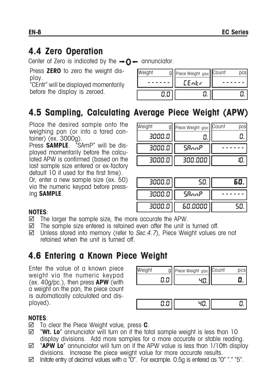 4 zero operation, 5 sampling, calculating average piece weight (apw), 6 entering a known piece weight | Ohaus EC COMPACT COUNTING SCALES Manual multi User Manual | Page 10 / 84