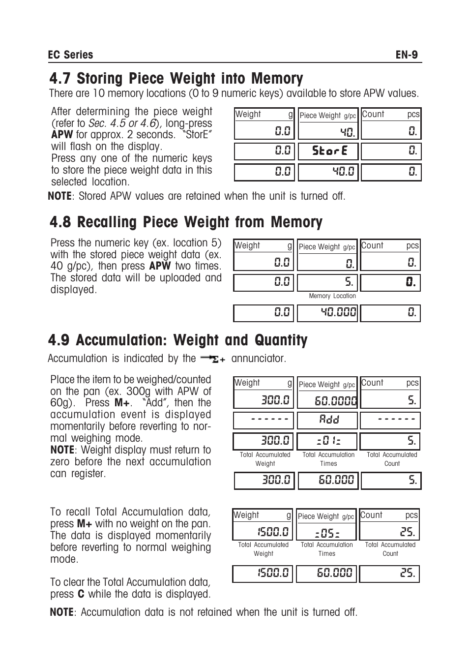 9 accumulation: weight and quantity, 0 . add | Ohaus EC COMPACT COUNTING SCALES Manual multi User Manual | Page 11 / 84
