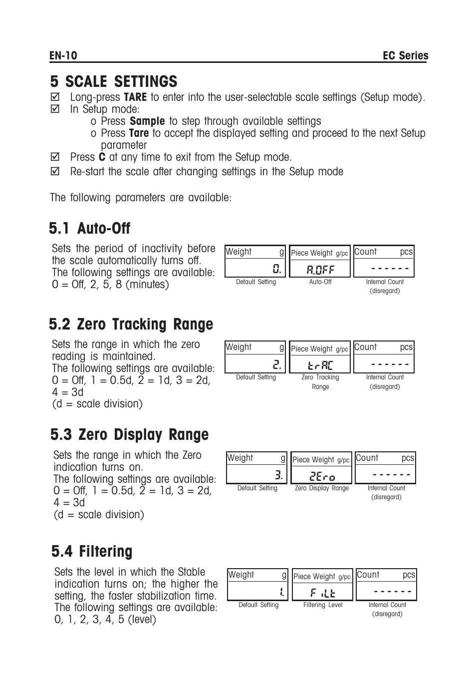 5 scale settings, 1 auto-off, 2 zero tracking range | 3 zero display range, 4 filtering, A.off, Trac, 2ero, Filt | Ohaus EC COMPACT COUNTING SCALES Manual multi User Manual | Page 12 / 84