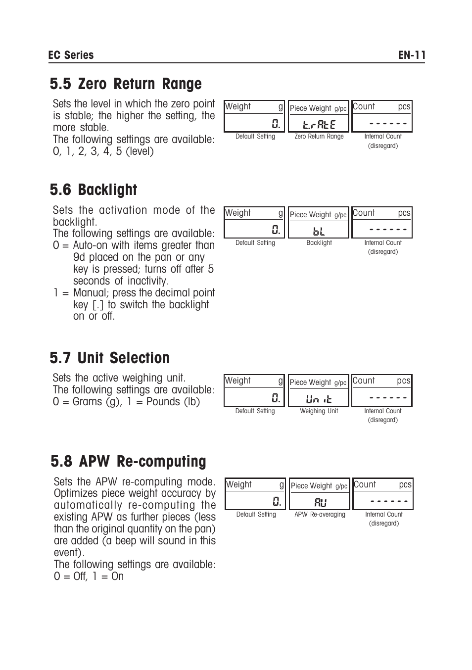5 zero return range, 6 backlight, 7 unit selection | 8 apw re-computing, T.rate, Unit | Ohaus EC COMPACT COUNTING SCALES Manual multi User Manual | Page 13 / 84