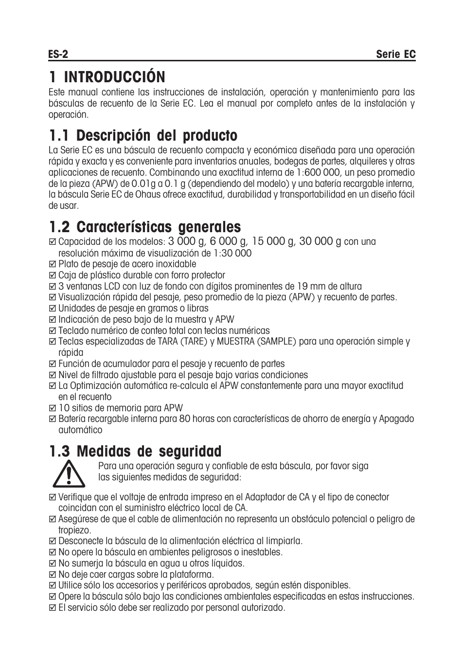 1 introducción, 1 descripción del producto, 2 características generales | 3 medidas de seguridad | Ohaus EC COMPACT COUNTING SCALES Manual multi User Manual | Page 20 / 84