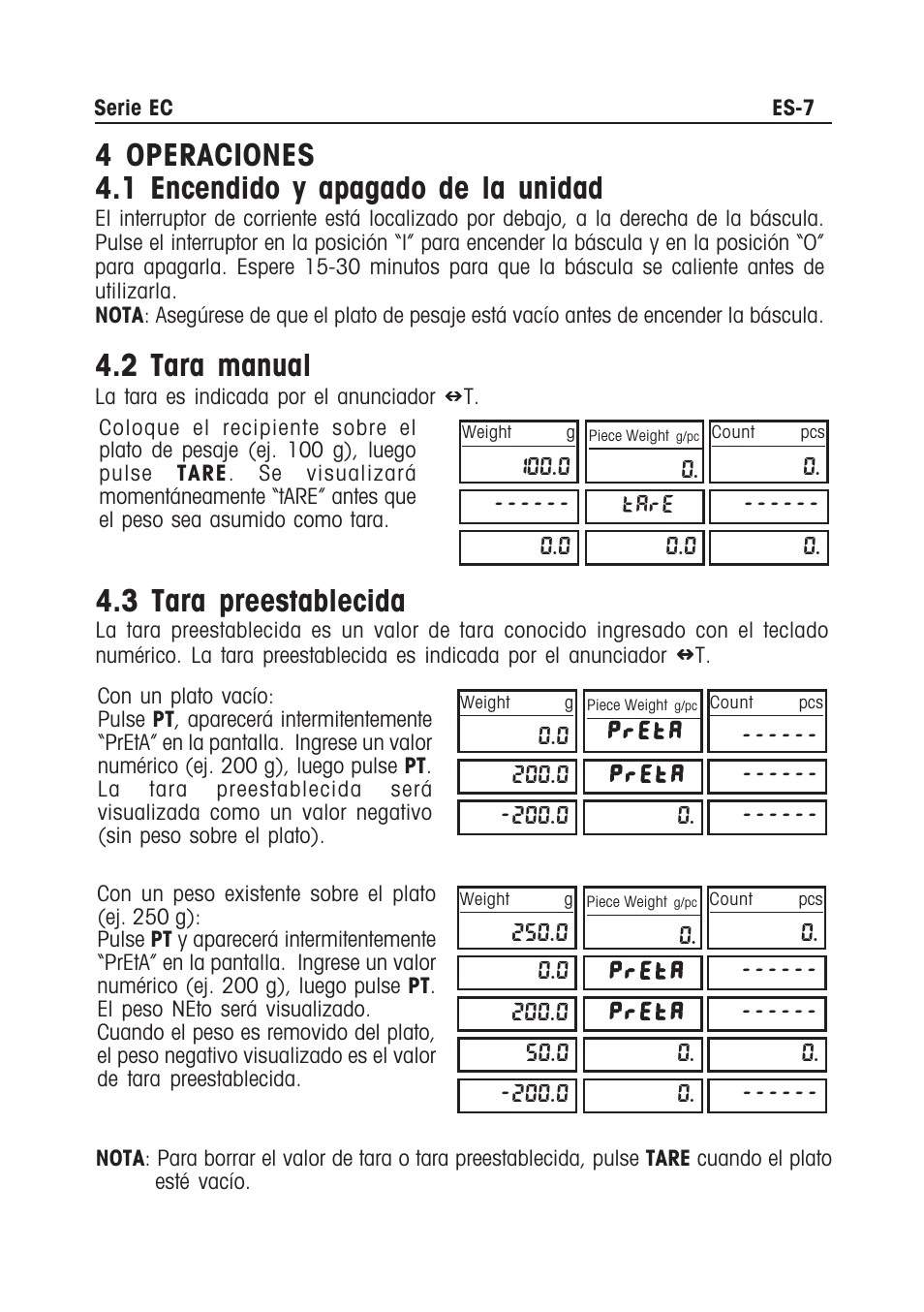 4 operaciones 4.1 encendido y apagado de la unidad, 2 tara manual, 3 tara preestablecida | Ohaus EC COMPACT COUNTING SCALES Manual multi User Manual | Page 25 / 84