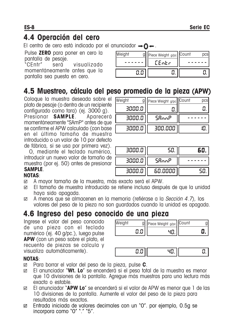 4 operación del cero, 5 muestreo, cálculo del peso promedio de la pieza, 6 ingreso del peso conocido de una pieza | Apw) | Ohaus EC COMPACT COUNTING SCALES Manual multi User Manual | Page 26 / 84