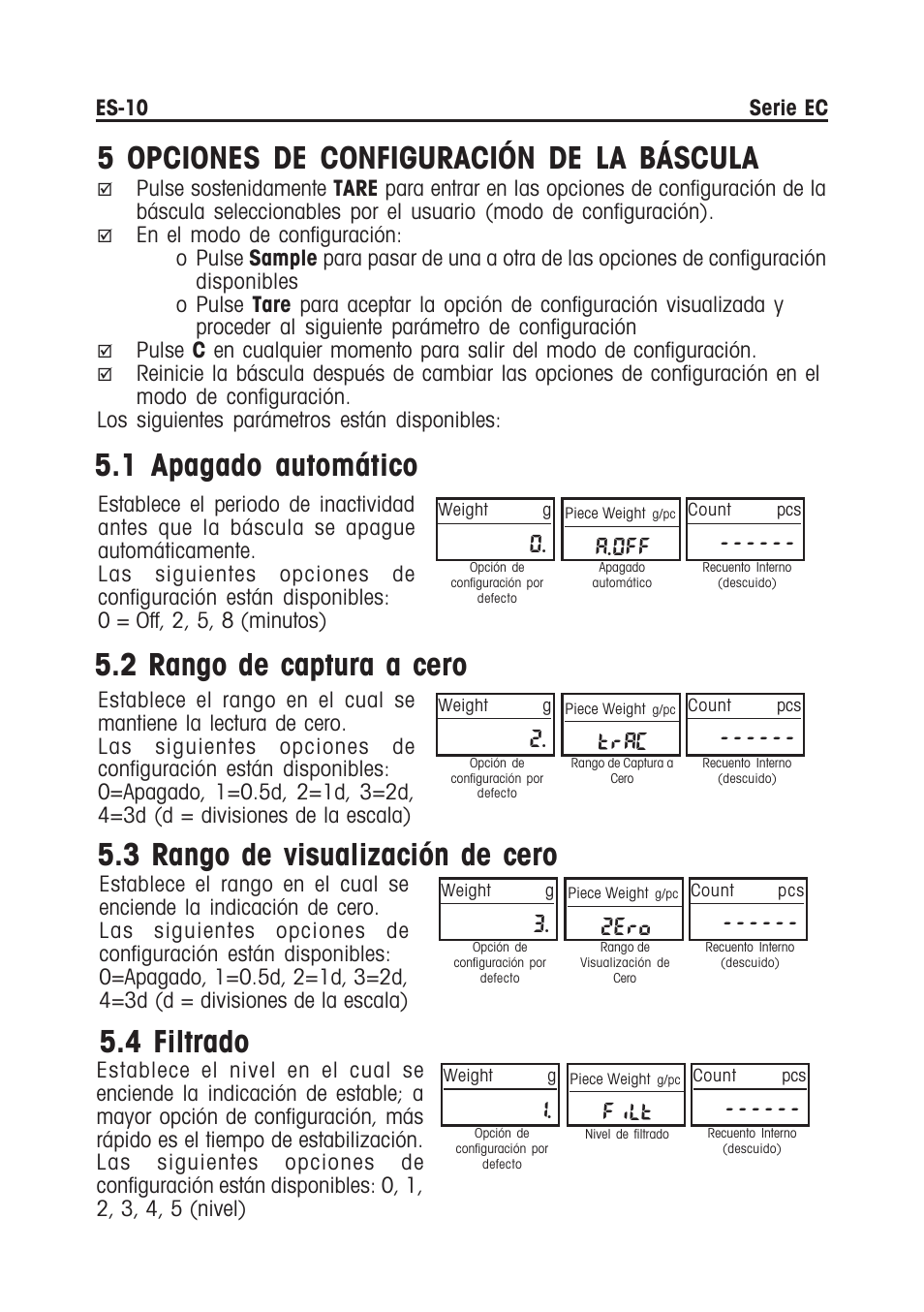 5 opciones de configuración de la báscula, 1 apagado automático, 2 rango de captura a cero | 3 rango de visualización de cero, 4 filtrado, A.off, Trac, 2ero, Filt | Ohaus EC COMPACT COUNTING SCALES Manual multi User Manual | Page 28 / 84