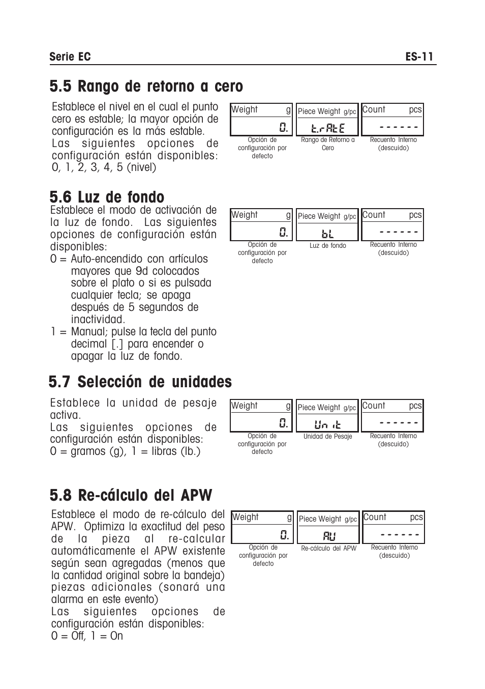 5 rango de retorno a cero, 6 luz de fondo, 7 selección de unidades | 8 re-cálculo del apw, T.rate, Unit | Ohaus EC COMPACT COUNTING SCALES Manual multi User Manual | Page 29 / 84