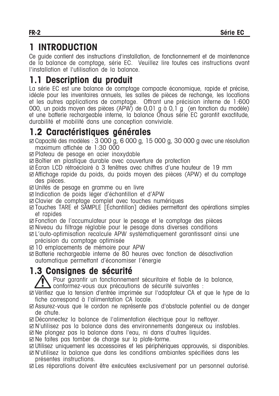 1 introduction, 1 description du produit, 2 caractéristiques générales | 3 consignes de sécurité | Ohaus EC COMPACT COUNTING SCALES Manual multi User Manual | Page 36 / 84