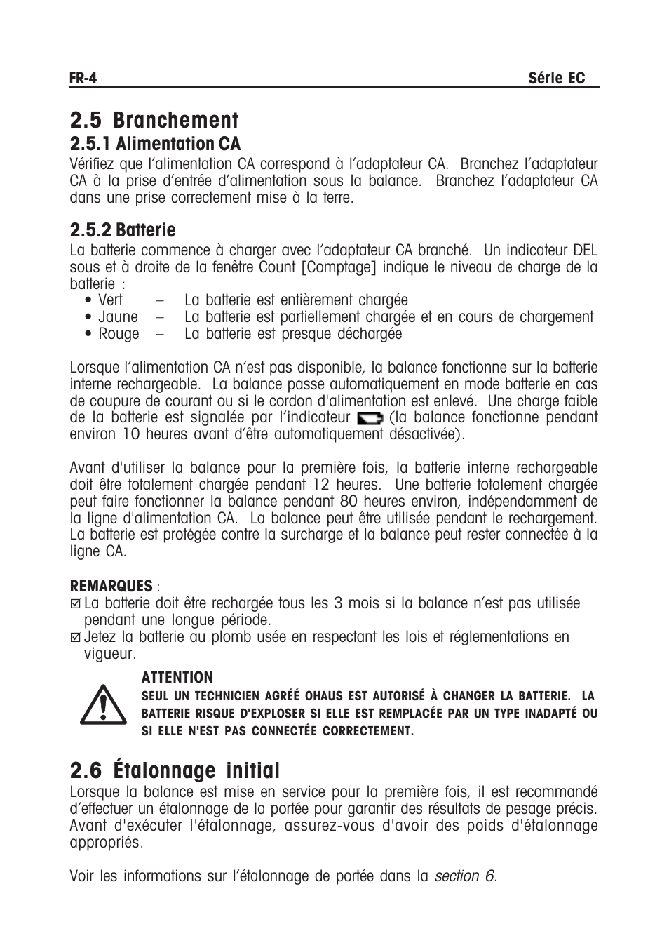 5 branchement, 6 étalonnage initial, 1 alimentation ca | 2 batterie | Ohaus EC COMPACT COUNTING SCALES Manual multi User Manual | Page 38 / 84