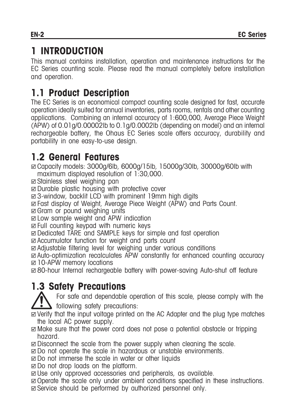 1 introduction, 1 product description, 2 general features | 3 safety precautions | Ohaus EC COMPACT COUNTING SCALES Manual multi User Manual | Page 4 / 84