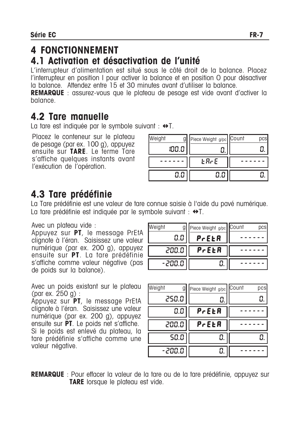 2 tare manuelle, 3 tare prédéfinie | Ohaus EC COMPACT COUNTING SCALES Manual multi User Manual | Page 41 / 84