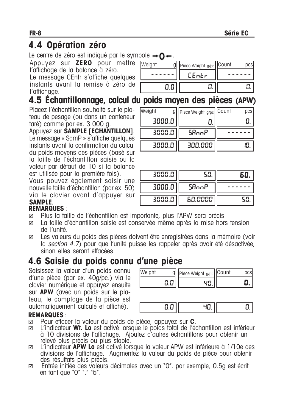 4 opération zéro, 6 saisie du poids connu d’une pièce | Ohaus EC COMPACT COUNTING SCALES Manual multi User Manual | Page 42 / 84