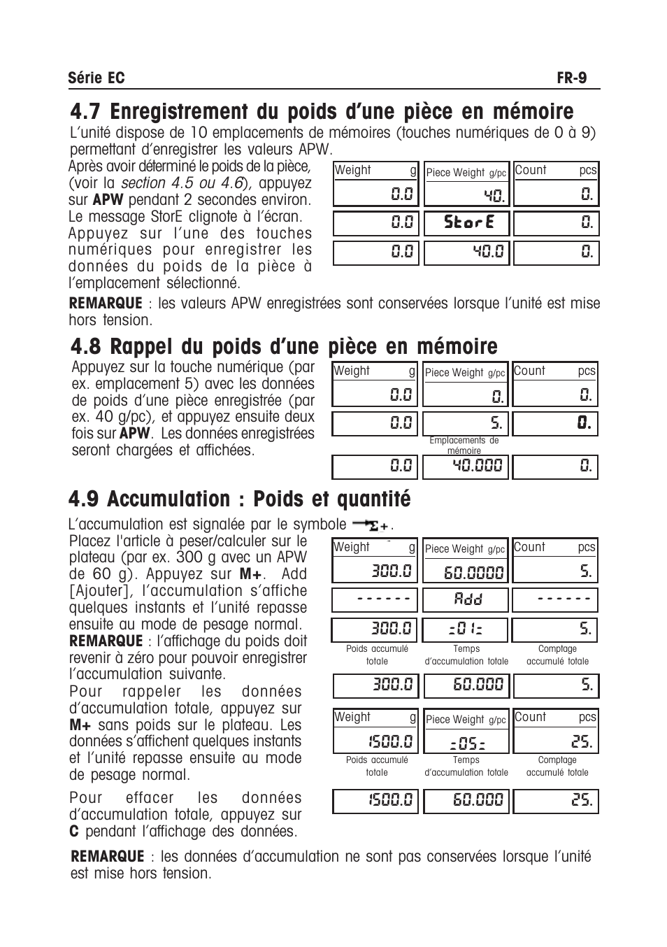 7 enregistrement du poids d’une pièce en mémoire, 8 rappel du poids d’une pièce en mémoire, 9 accumulation : poids et quantité | 0 . add | Ohaus EC COMPACT COUNTING SCALES Manual multi User Manual | Page 43 / 84