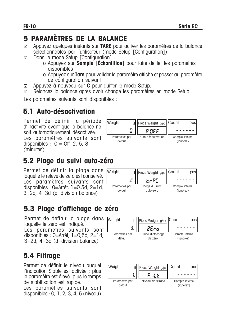 5 paramètres de la balance, 1 auto-désactivation, 2 plage du suivi auto-zéro | 3 plage d’affichage de zéro, 4 filtrage, A.off, Trac, 2ero, Filt | Ohaus EC COMPACT COUNTING SCALES Manual multi User Manual | Page 44 / 84