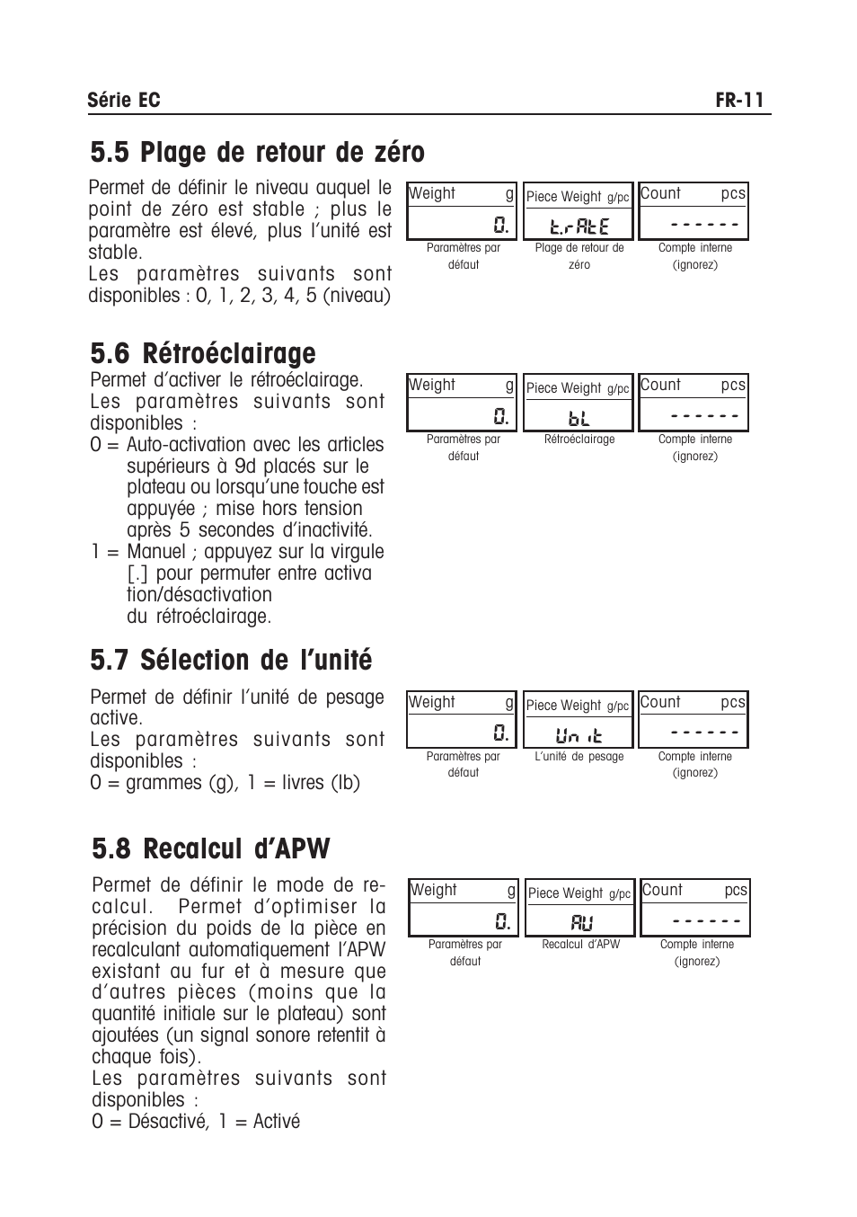5 plage de retour de zéro, 6 rétroéclairage, 7 sélection de l’unité | 8 recalcul d’apw, T.rate, Unit | Ohaus EC COMPACT COUNTING SCALES Manual multi User Manual | Page 45 / 84