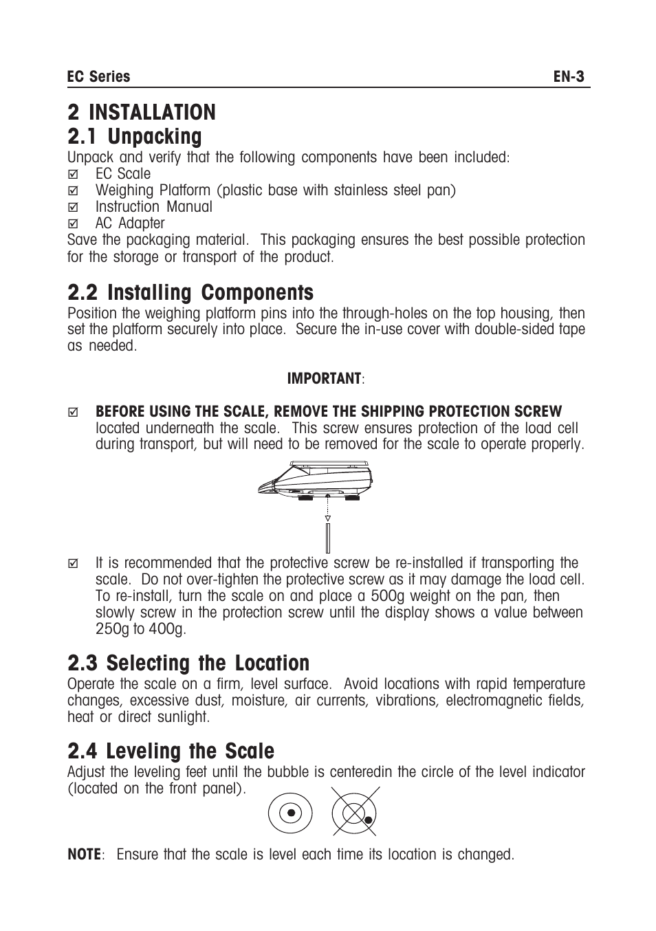 2 installation 2.1 unpacking, 2 installing components, 3 selecting the location | 4 leveling the scale | Ohaus EC COMPACT COUNTING SCALES Manual multi User Manual | Page 5 / 84