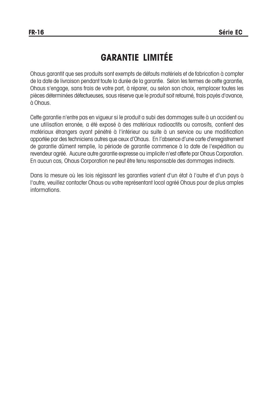 Garantie limitée | Ohaus EC COMPACT COUNTING SCALES Manual multi User Manual | Page 50 / 84