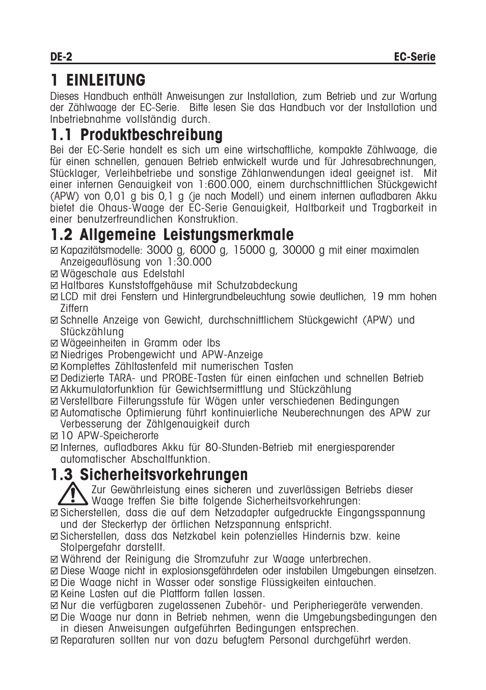1 einleitung, 1 produktbeschreibung, 2 allgemeine leistungsmerkmale | 3 sicherheitsvorkehrungen | Ohaus EC COMPACT COUNTING SCALES Manual multi User Manual | Page 52 / 84