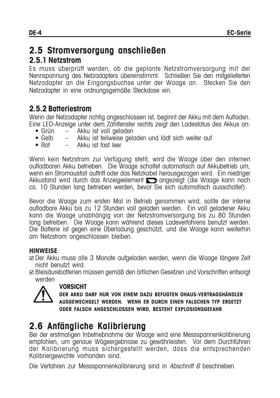 5 stromversorgung anschließen, 6 anfängliche kalibrierung, 1 netzstrom | 2 batteriestrom | Ohaus EC COMPACT COUNTING SCALES Manual multi User Manual | Page 54 / 84