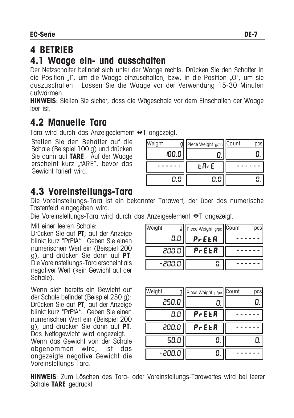 4 betrieb 4.1 waage ein- und ausschalten, 2 manuelle tara, 3 voreinstellungs-tara | Ohaus EC COMPACT COUNTING SCALES Manual multi User Manual | Page 57 / 84