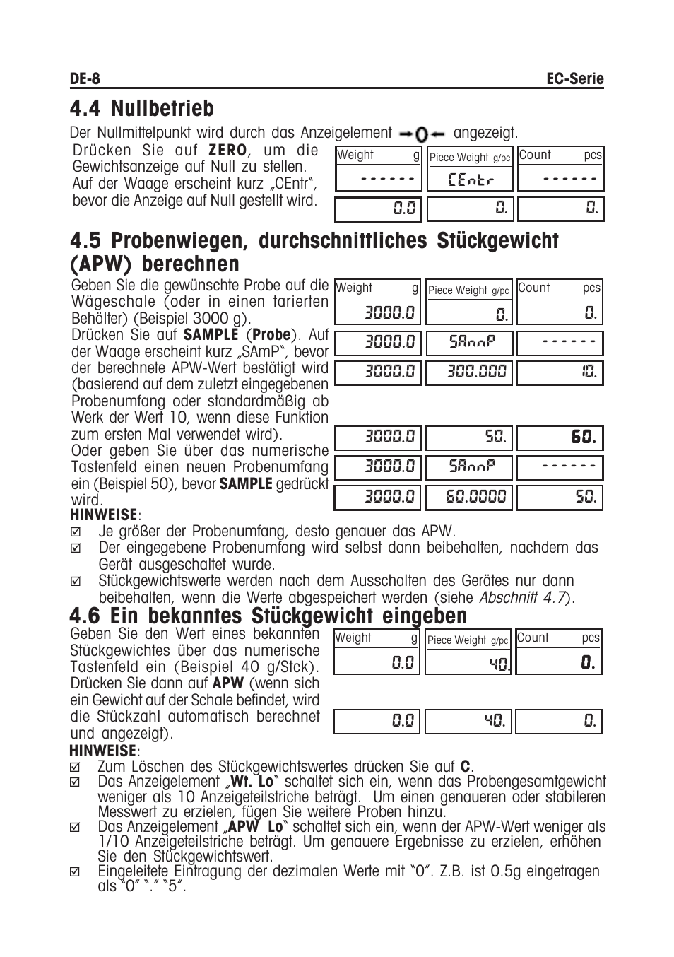 4 nullbetrieb, 6 ein bekanntes stückgewicht eingeben | Ohaus EC COMPACT COUNTING SCALES Manual multi User Manual | Page 58 / 84