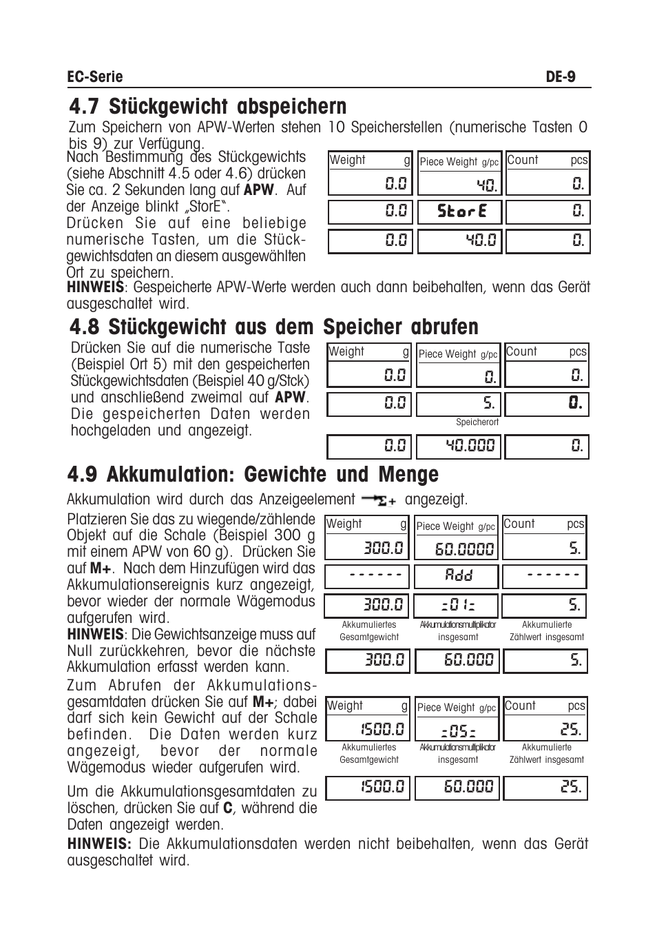 7 stückgewicht abspeichern, 8 stückgewicht aus dem speicher abrufen, 9 akkumulation: gewichte und menge | 0 . add | Ohaus EC COMPACT COUNTING SCALES Manual multi User Manual | Page 59 / 84