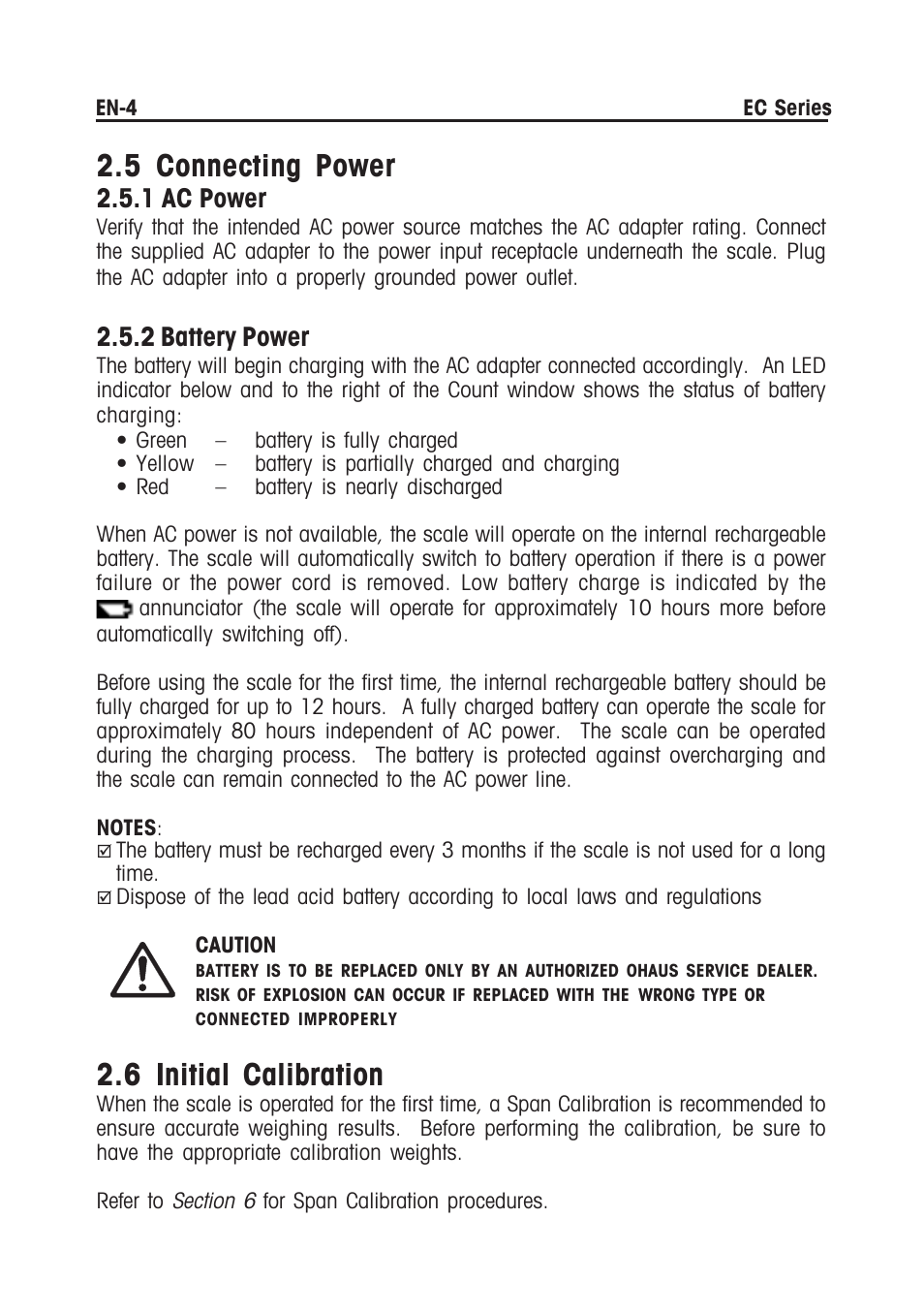 5 connecting power, 6 initial calibration, 1 ac power | 2 battery power | Ohaus EC COMPACT COUNTING SCALES Manual multi User Manual | Page 6 / 84