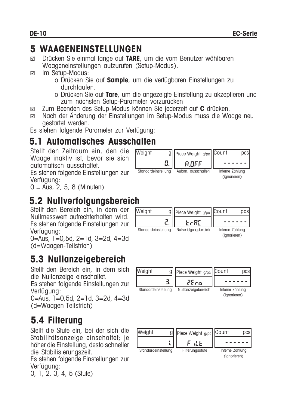 5 waageneinstellungen, 1 automatisches ausschalten, 2 nullverfolgungsbereich | 3 nullanzeigebereich, 4 filterung, A.off, Trac, 2ero, Filt | Ohaus EC COMPACT COUNTING SCALES Manual multi User Manual | Page 60 / 84