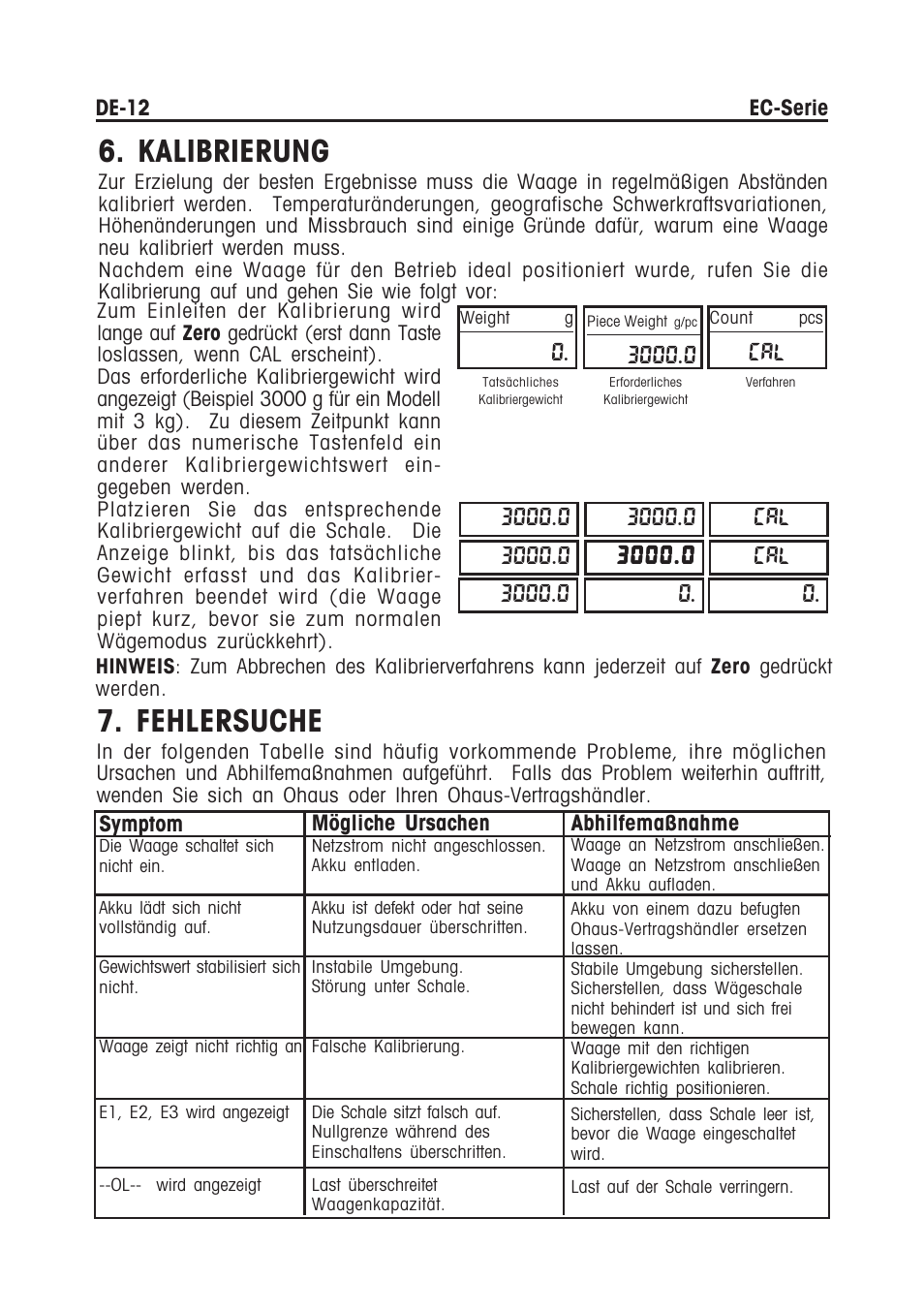 Kalibrierung, Fehlersuche | Ohaus EC COMPACT COUNTING SCALES Manual multi User Manual | Page 62 / 84