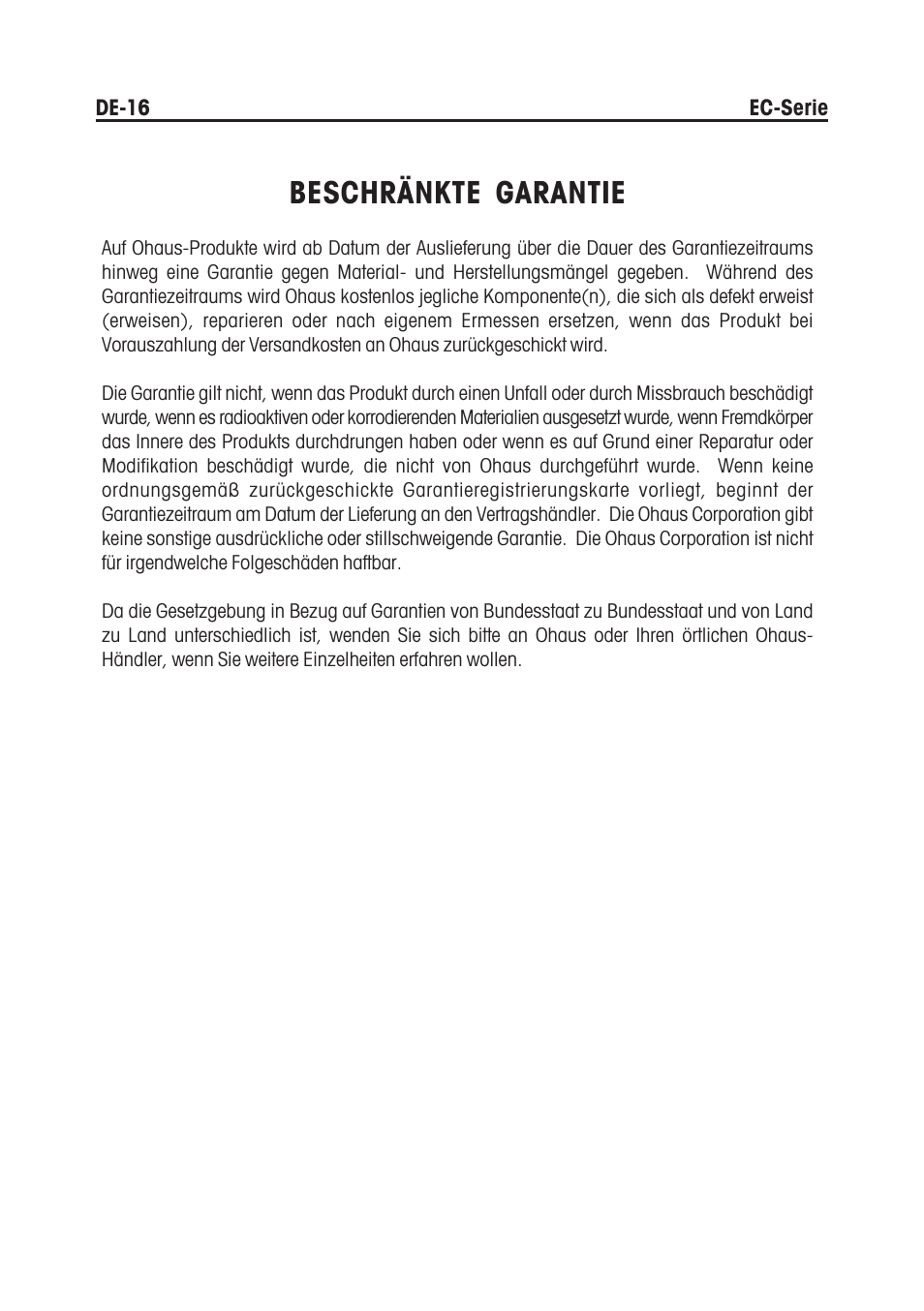 Beschränkte garantie | Ohaus EC COMPACT COUNTING SCALES Manual multi User Manual | Page 66 / 84