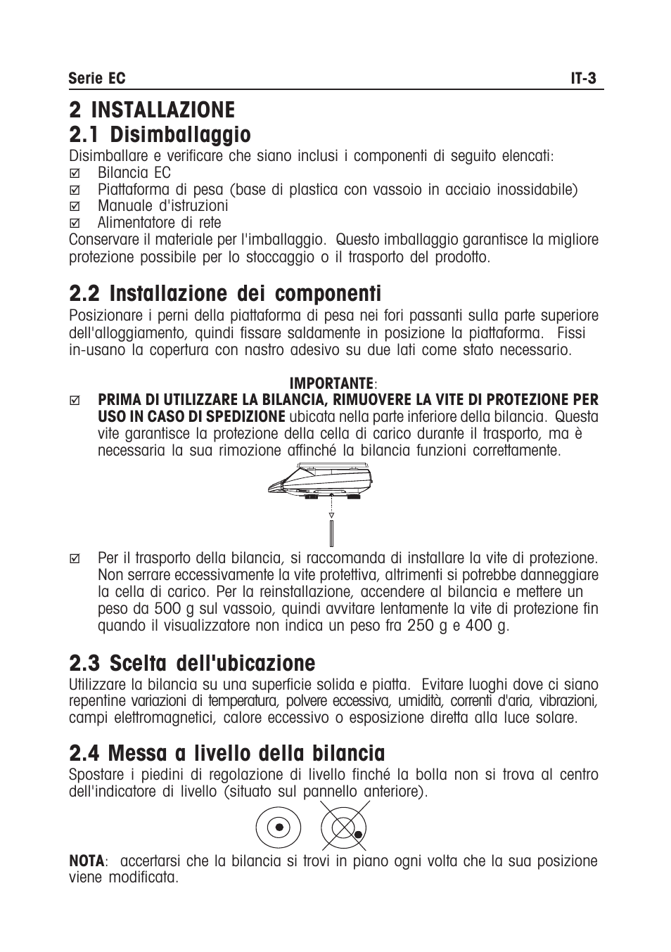 2 installazione 2.1 disimballaggio, 2 installazione dei componenti, 3 scelta dell'ubicazione | 4 messa a livello della bilancia | Ohaus EC COMPACT COUNTING SCALES Manual multi User Manual | Page 69 / 84