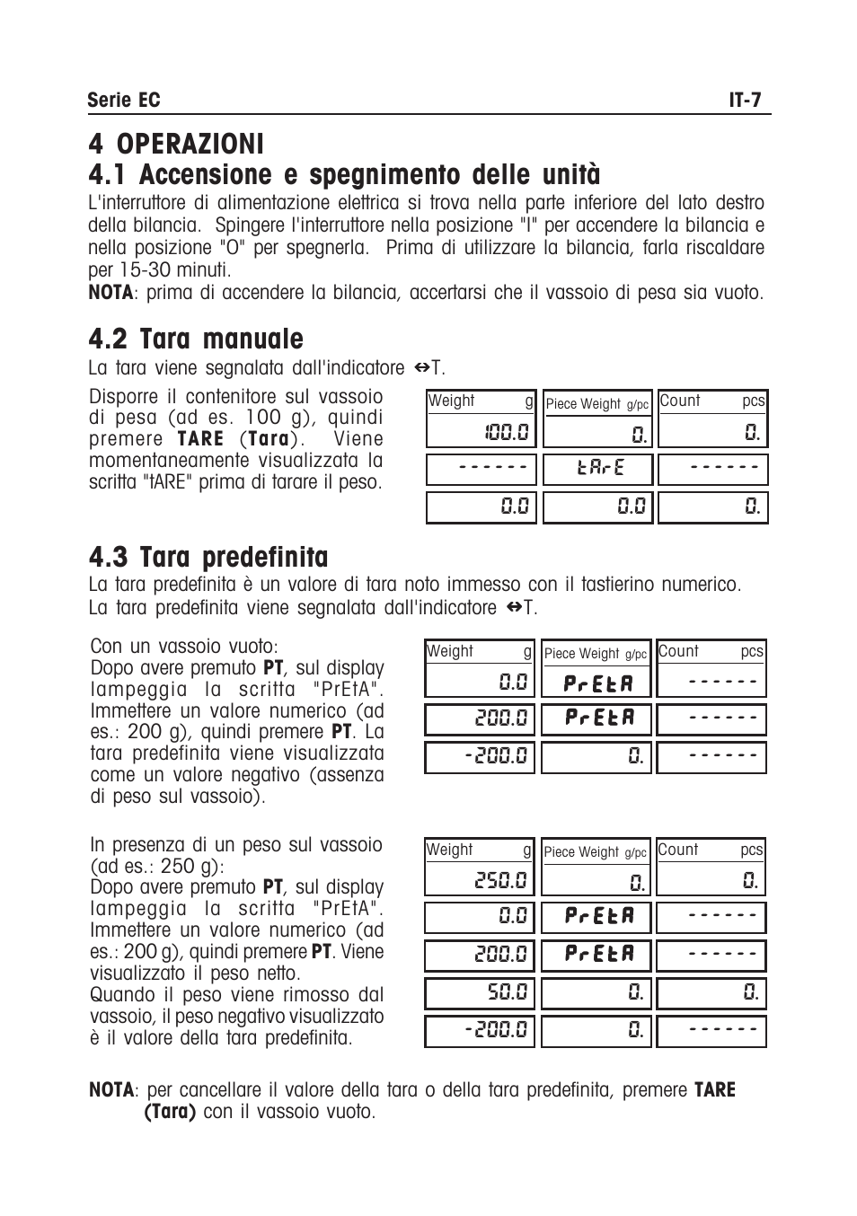 2 tara manuale, 3 tara predefinita | Ohaus EC COMPACT COUNTING SCALES Manual multi User Manual | Page 73 / 84