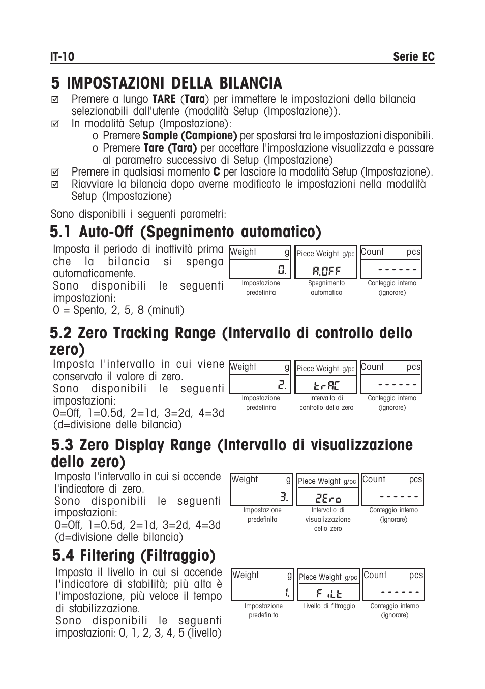 5 impostazioni della bilancia, 1 auto-off (spegnimento automatico), 4 filtering (filtraggio) | A.off, Trac, 2ero, Filt | Ohaus EC COMPACT COUNTING SCALES Manual multi User Manual | Page 76 / 84