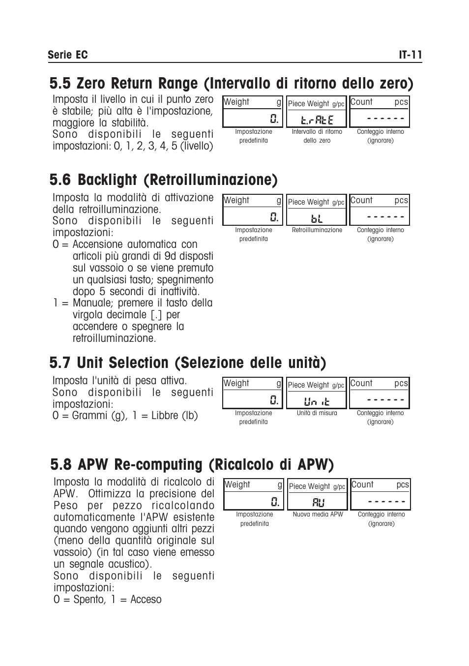 6 backlight (retroilluminazione), 7 unit selection (selezione delle unità), 8 apw re-computing (ricalcolo di apw) | T.rate, Unit | Ohaus EC COMPACT COUNTING SCALES Manual multi User Manual | Page 77 / 84