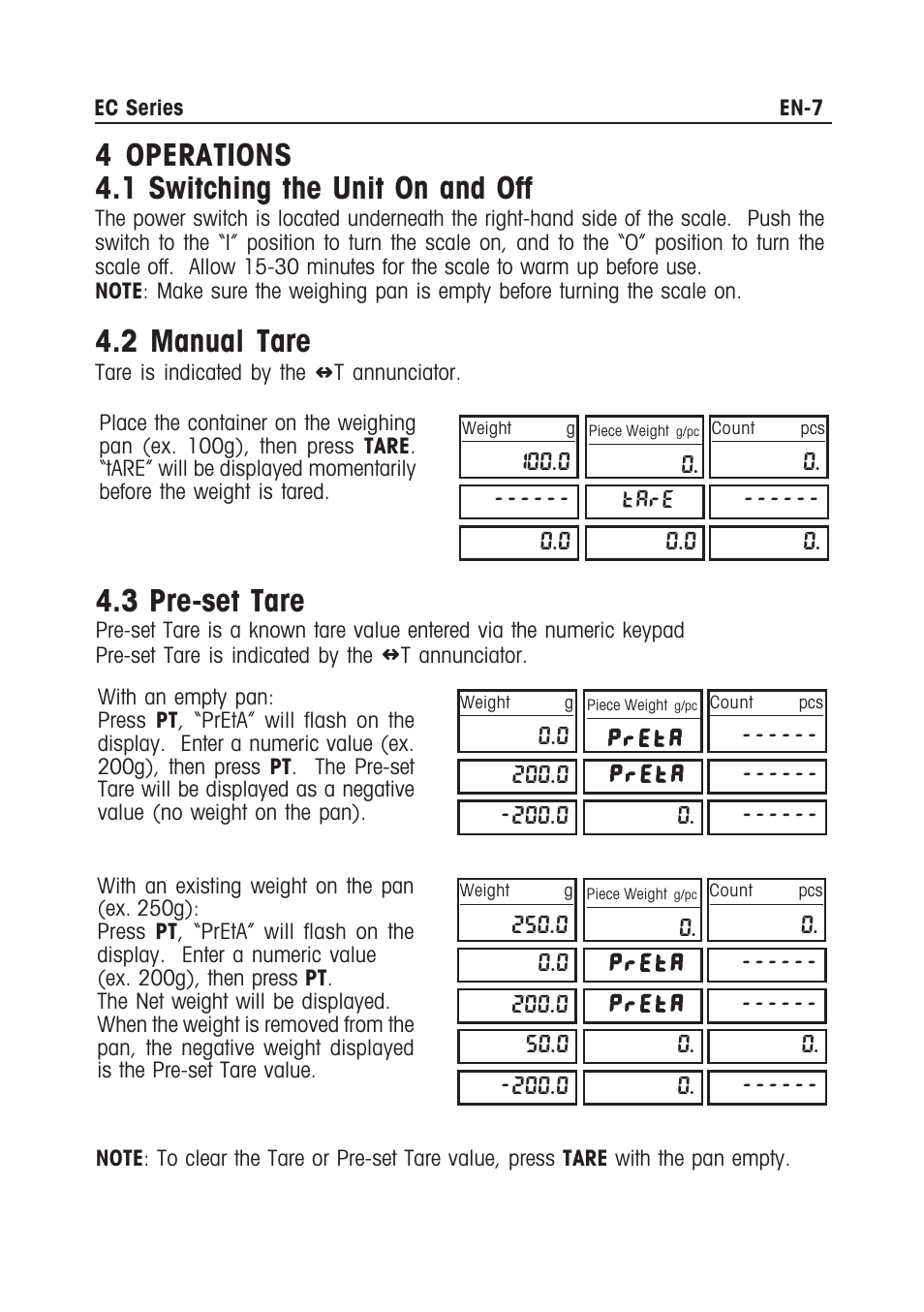 4 operations 4.1 switching the unit on and off, 2 manual tare, 3 pre-set tare | Ohaus EC COMPACT COUNTING SCALES Manual multi User Manual | Page 9 / 84