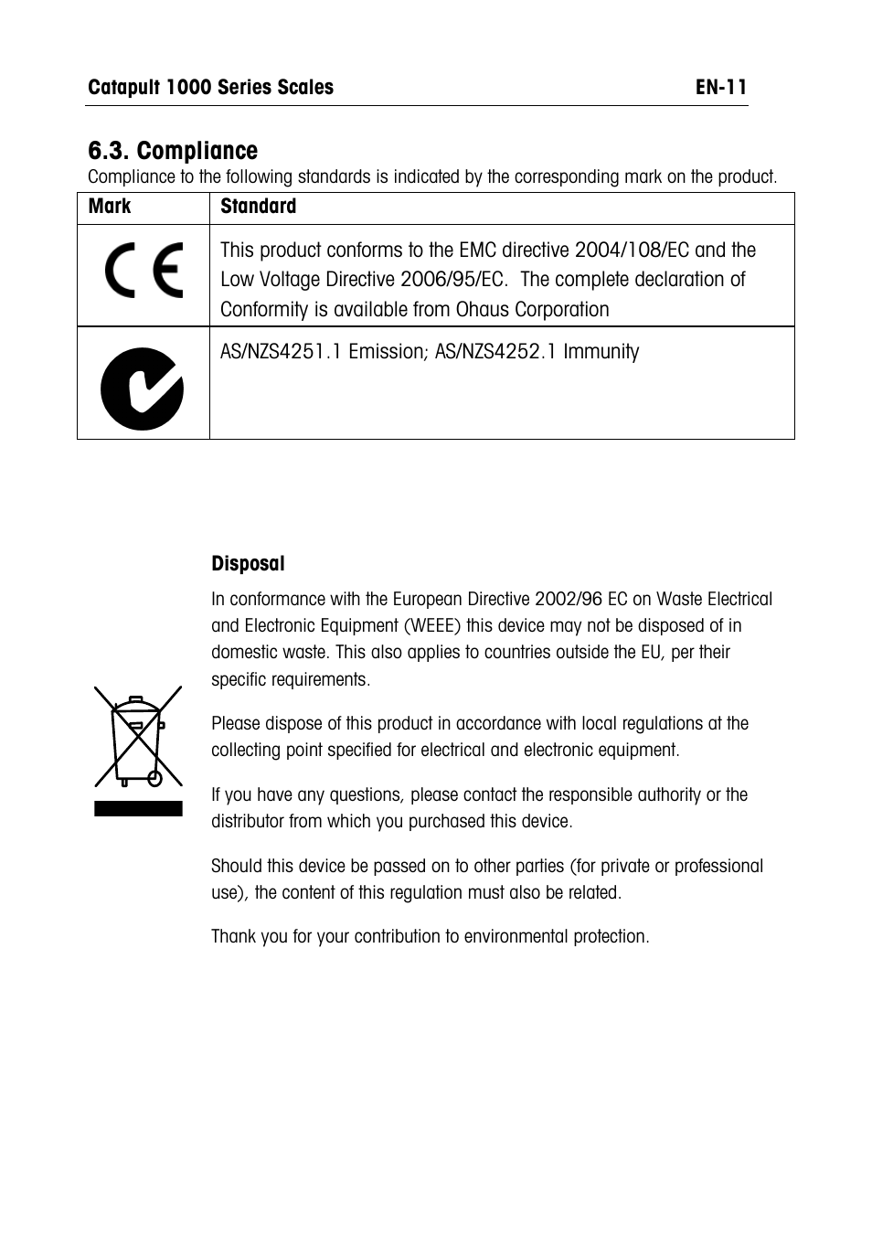 Compliance | Ohaus CATAPULT 1000 SCALES Manual multi User Manual | Page 13 / 64
