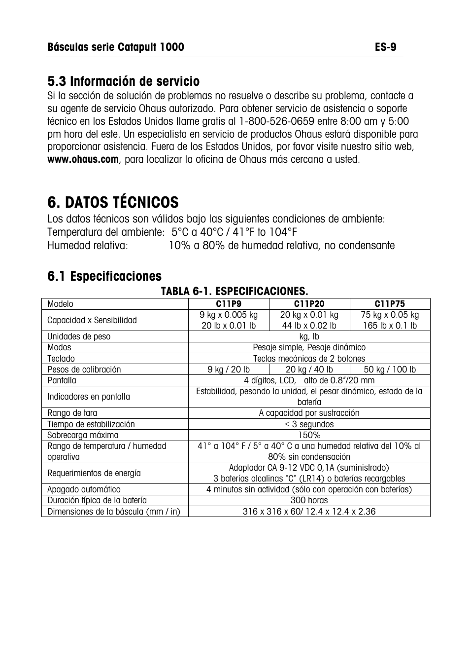 Datos técnicos, 3 información de servicio, 1 especificaciones | Ohaus CATAPULT 1000 SCALES Manual multi User Manual | Page 23 / 64