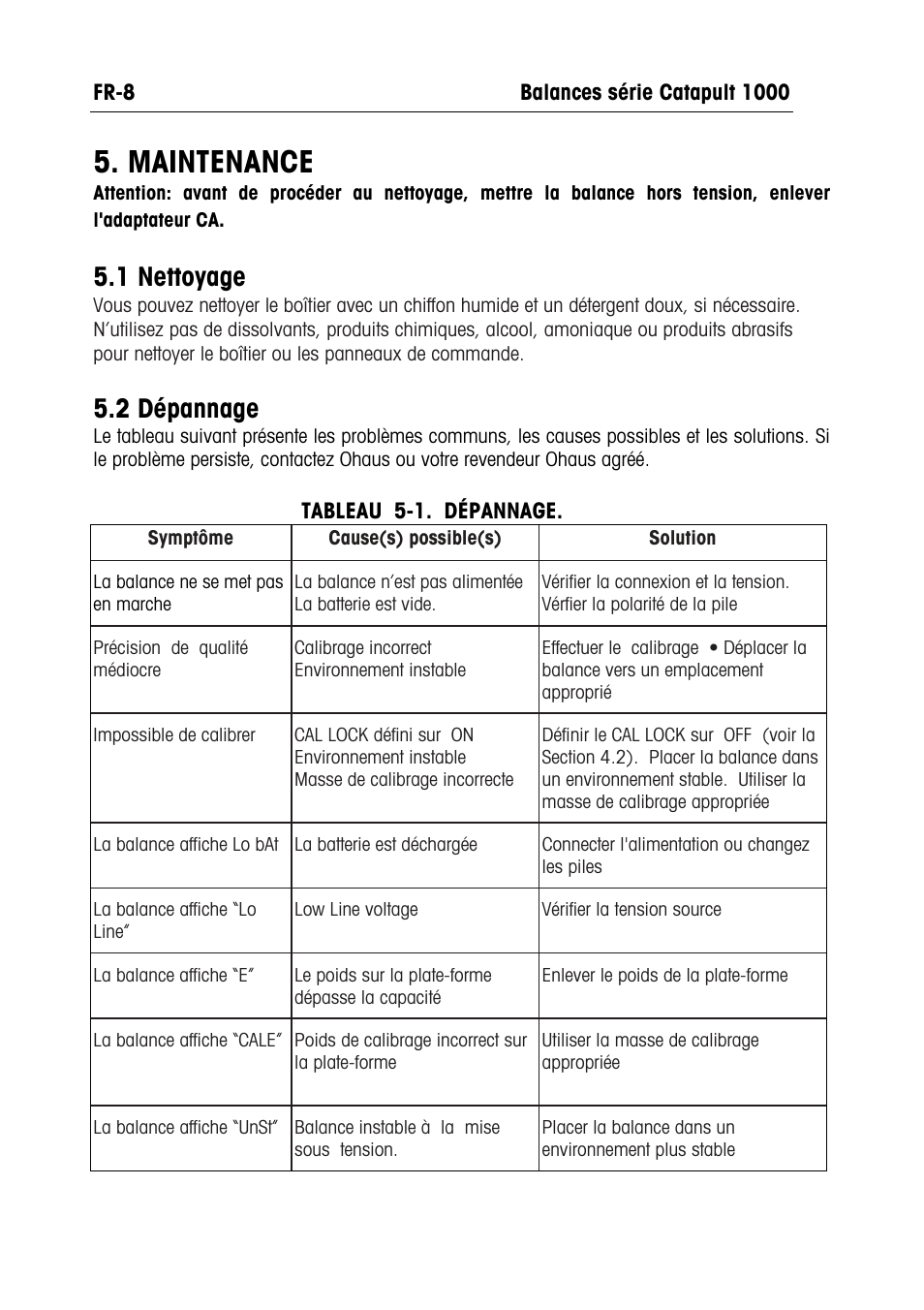 Maintenance, 1 nettoyage, 2 dépannage | Ohaus CATAPULT 1000 SCALES Manual multi User Manual | Page 34 / 64