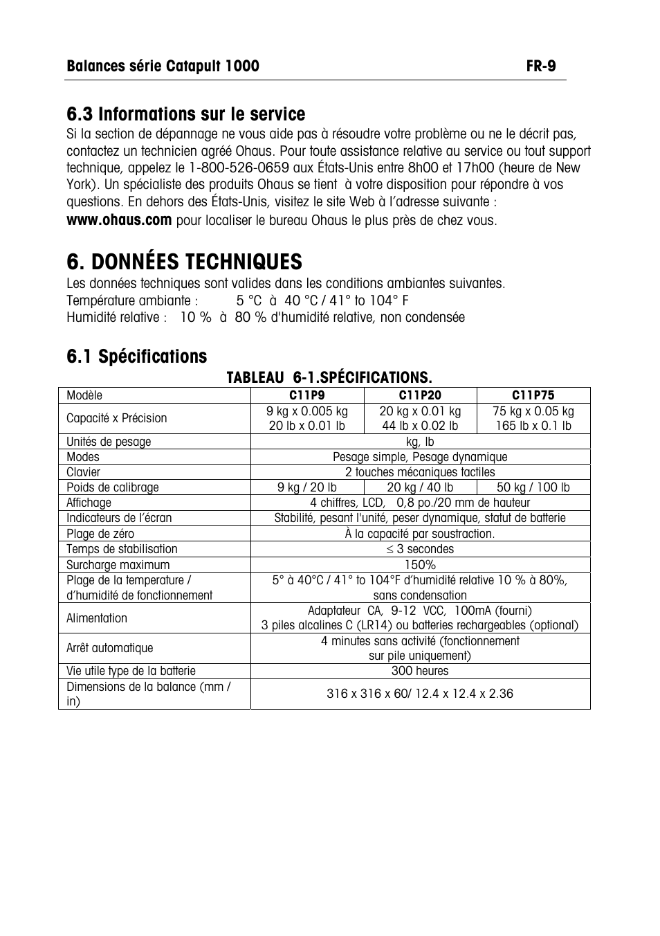 Données techniques, 3 informations sur le service, 1 spécifications | Ohaus CATAPULT 1000 SCALES Manual multi User Manual | Page 35 / 64